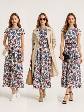 Elegant Floral Midi Dress – Short Sleeve Vibrant Botanical Print Sun Dress